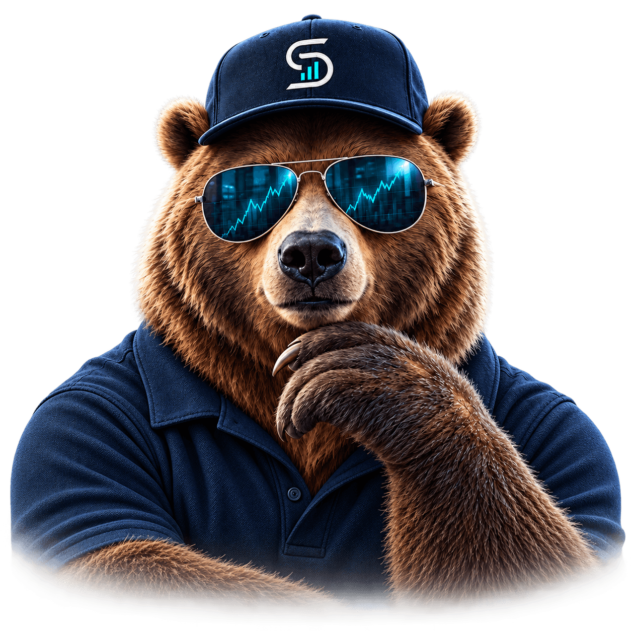 Specula’s bear mascot wearing a branded navy cap and aviator sunglasses